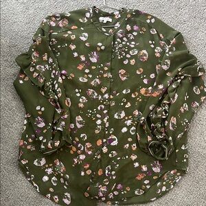 Max Studio Olive Floral Button-Front Blouse
